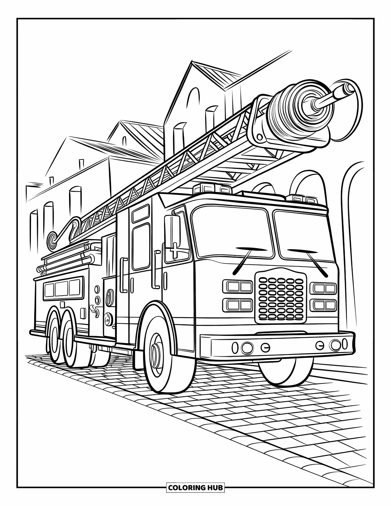 Fire Truck Coloring Page for Kids: A fire truck with a raised platform and extended hose, parked on a cobblestone street