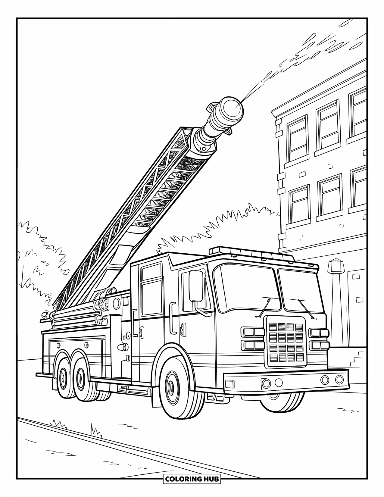 Fire Truck Coloring Page for Kids: A fire truck with a raised platform spraying water, near a building with trees