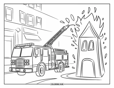 Coloriage de camion de pompiers pour enfants : Un camion de pompiers avec une échelle déployée, pulvérisant de l’eau sur un faux incendie dans une ville