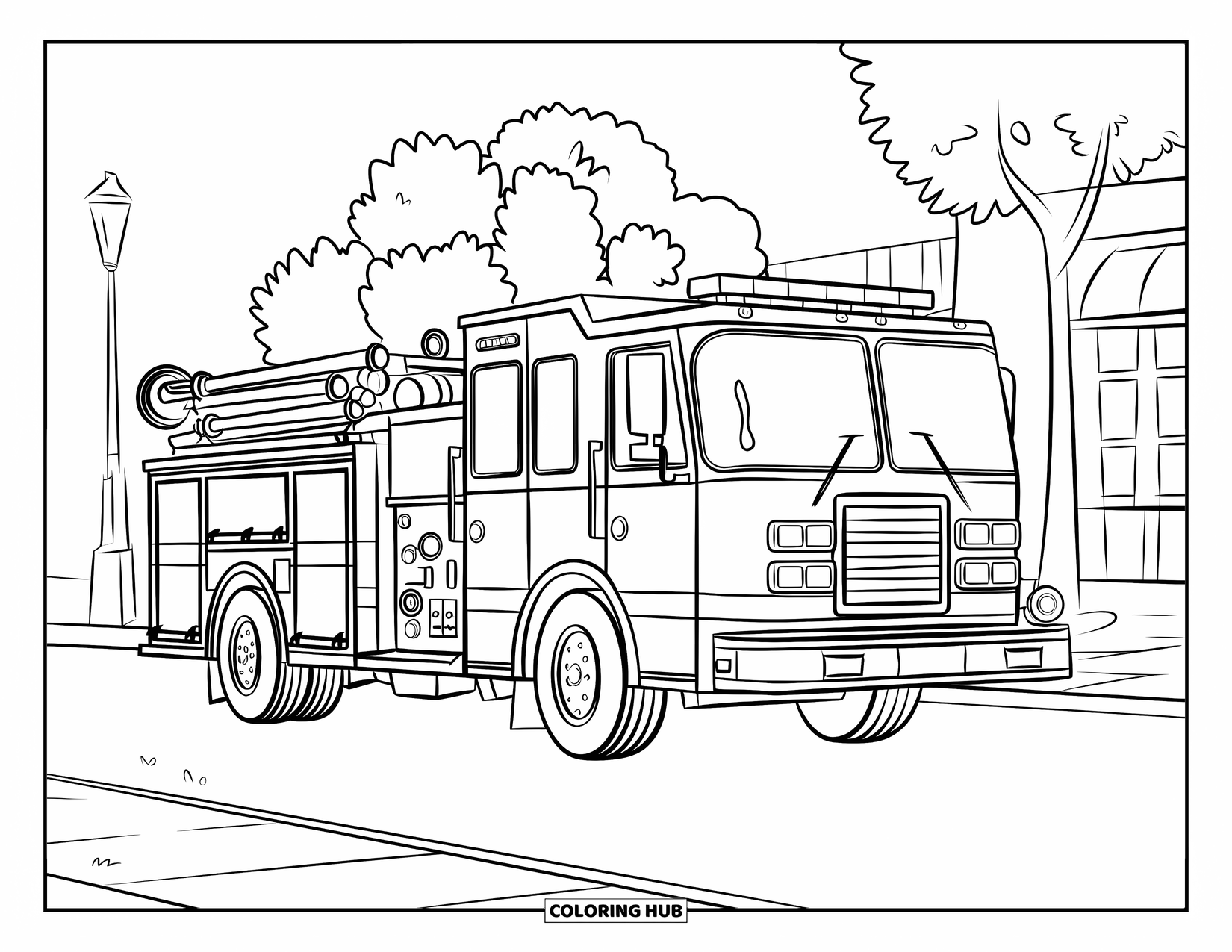 Fire Truck Coloring Page for Kids: A fire truck with compartments outlined, parked near a lamp post and buildings