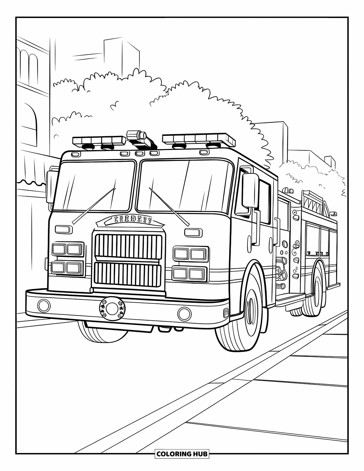 Fire Truck Coloring Page for Kids: A fire truck with detailed compartments and tools, parked on a street with buildings