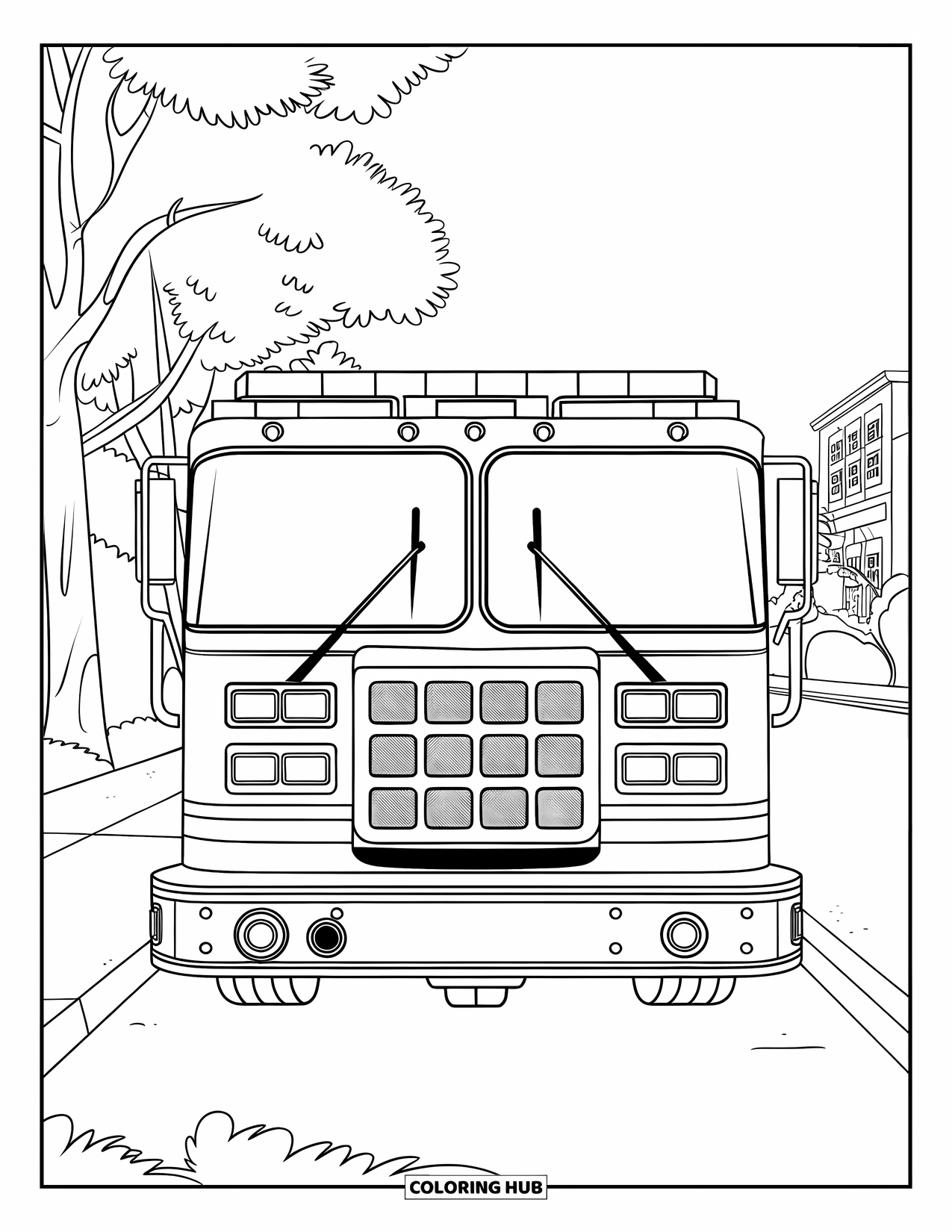 Fire Truck Coloring Page for Kids: A fire truck with detailed front view, showcasing sirens and lights, parked on a street