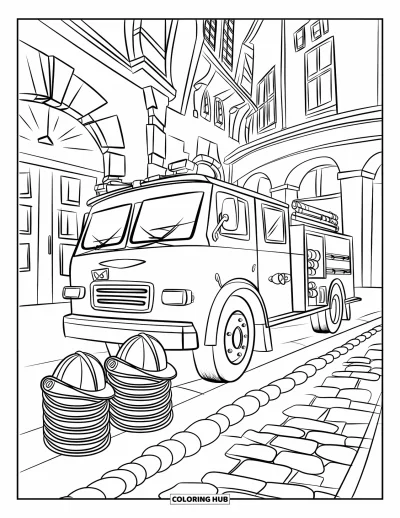 Coloriage de camion de pompiers pour enfants : Un camion de pompiers avec des casques et des tuyaux, garé sur une route pavée dans une ville européenne