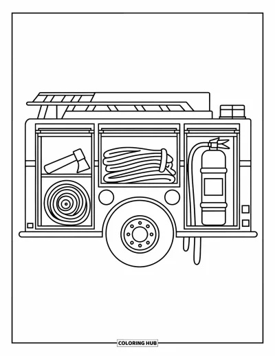 Coloriage de camion de pompiers pour enfants : Un camion de pompiers avec des compartiments ouverts et de l’équipement, sur fond blanc