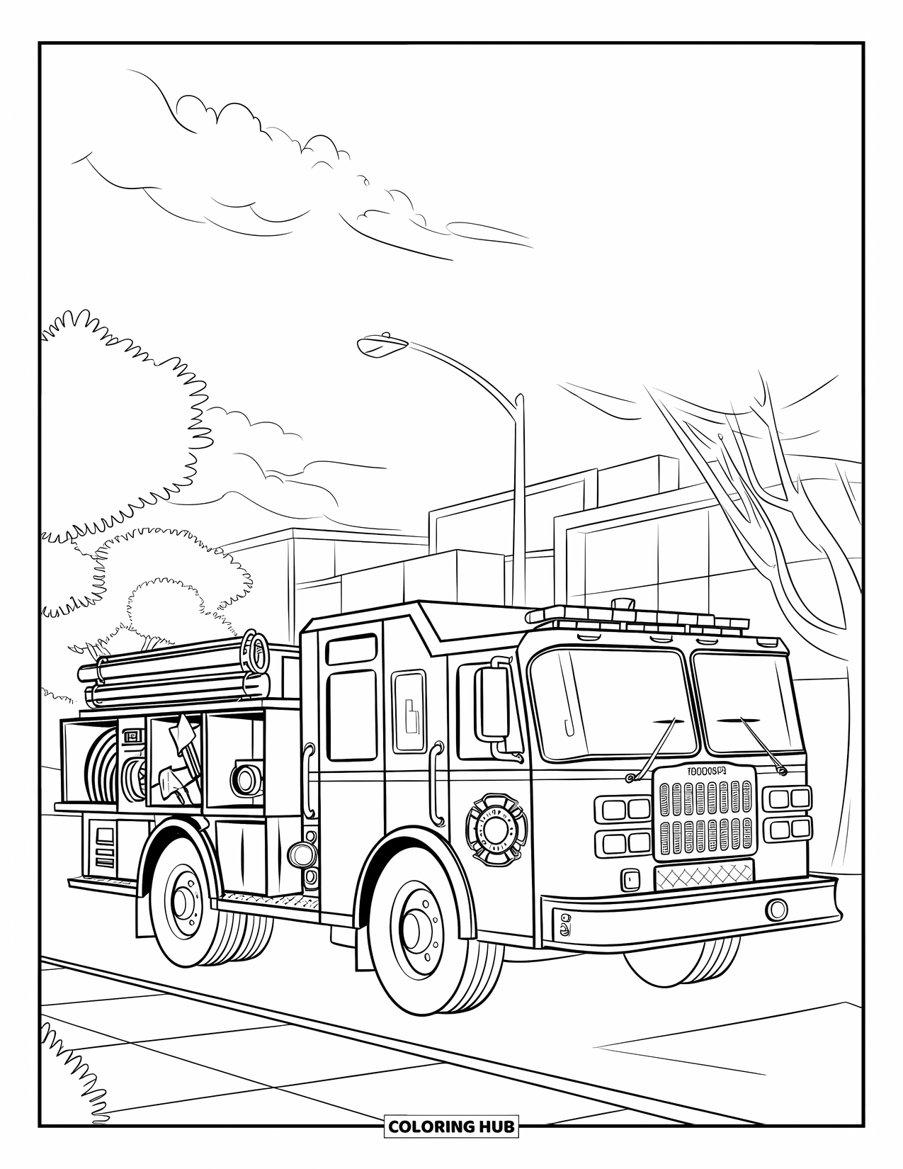 Fire Truck Coloring Page for Kids: A fire truck with open compartments showing a hose, axe, and fire extinguisher