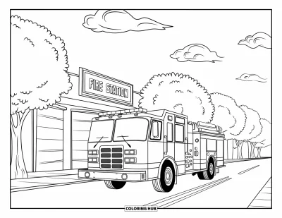 Coloriage de camion de pompiers pour enfants : Un camion de pompiers avec des rayures rouges et blanches garé devant une caserne de pompiers, sous des nuages