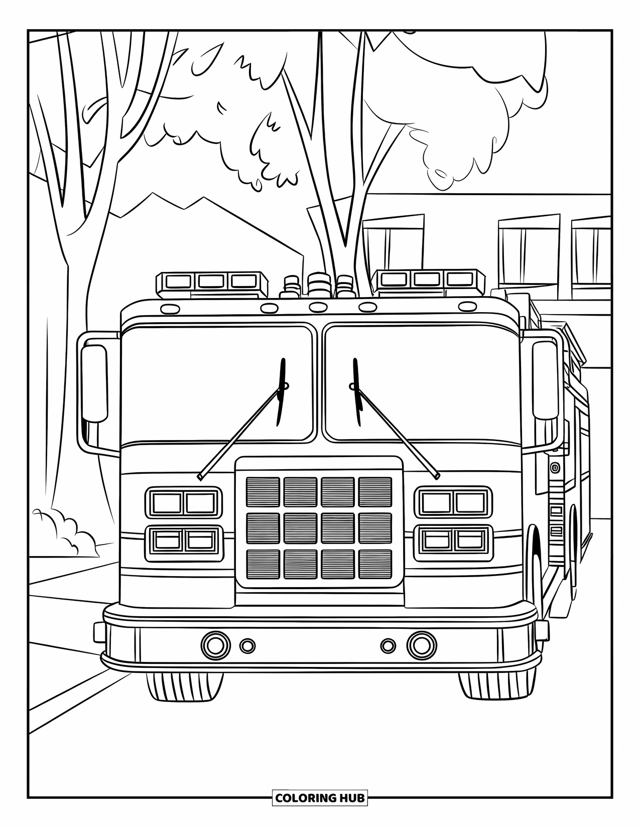 Fire Truck Coloring Page for Kids: A fire truck with sirens, lights, and a bumper, parked on a street with trees