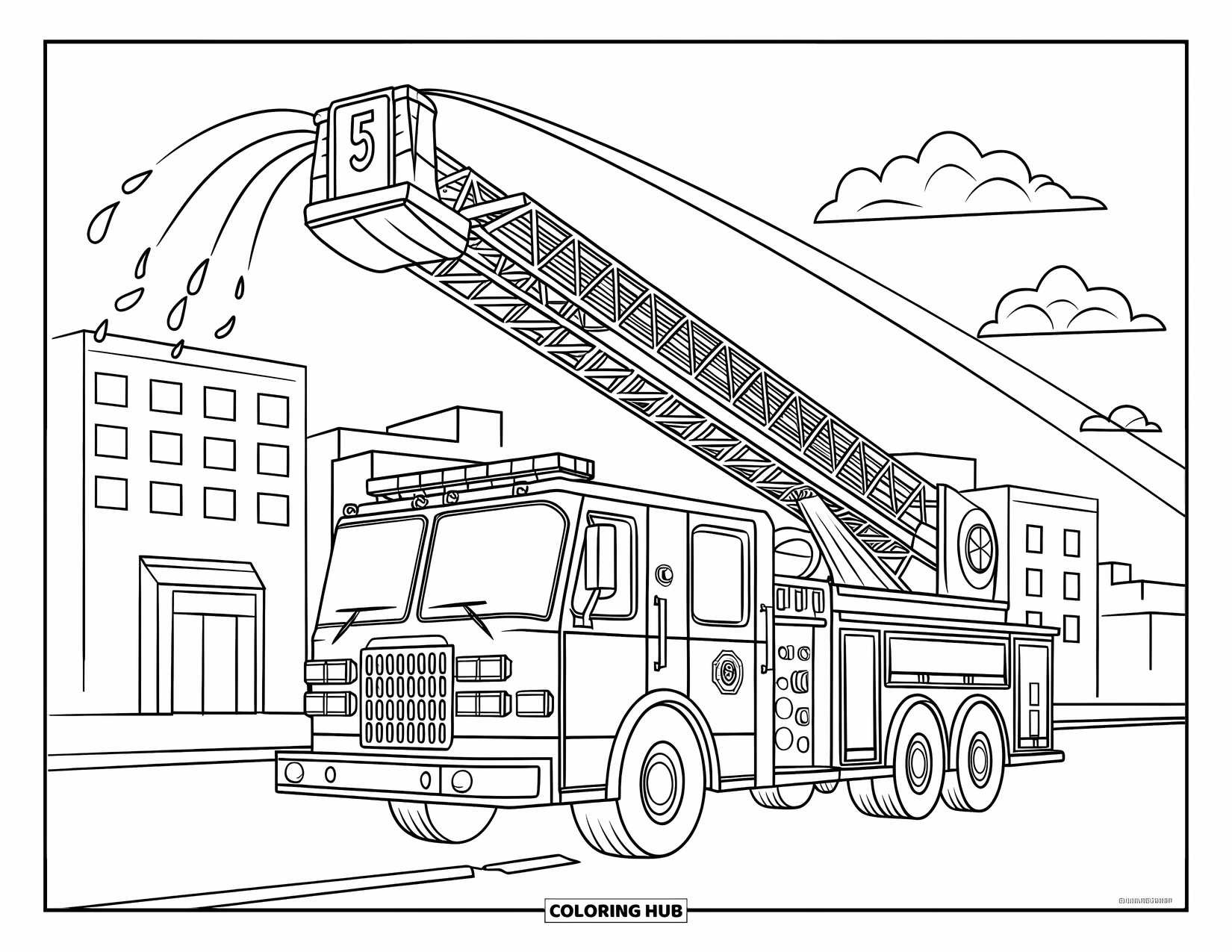 Fire Truck Coloring Page for Kids: A friendly fire truck with a ladder extended, spraying water in a simple cityscape