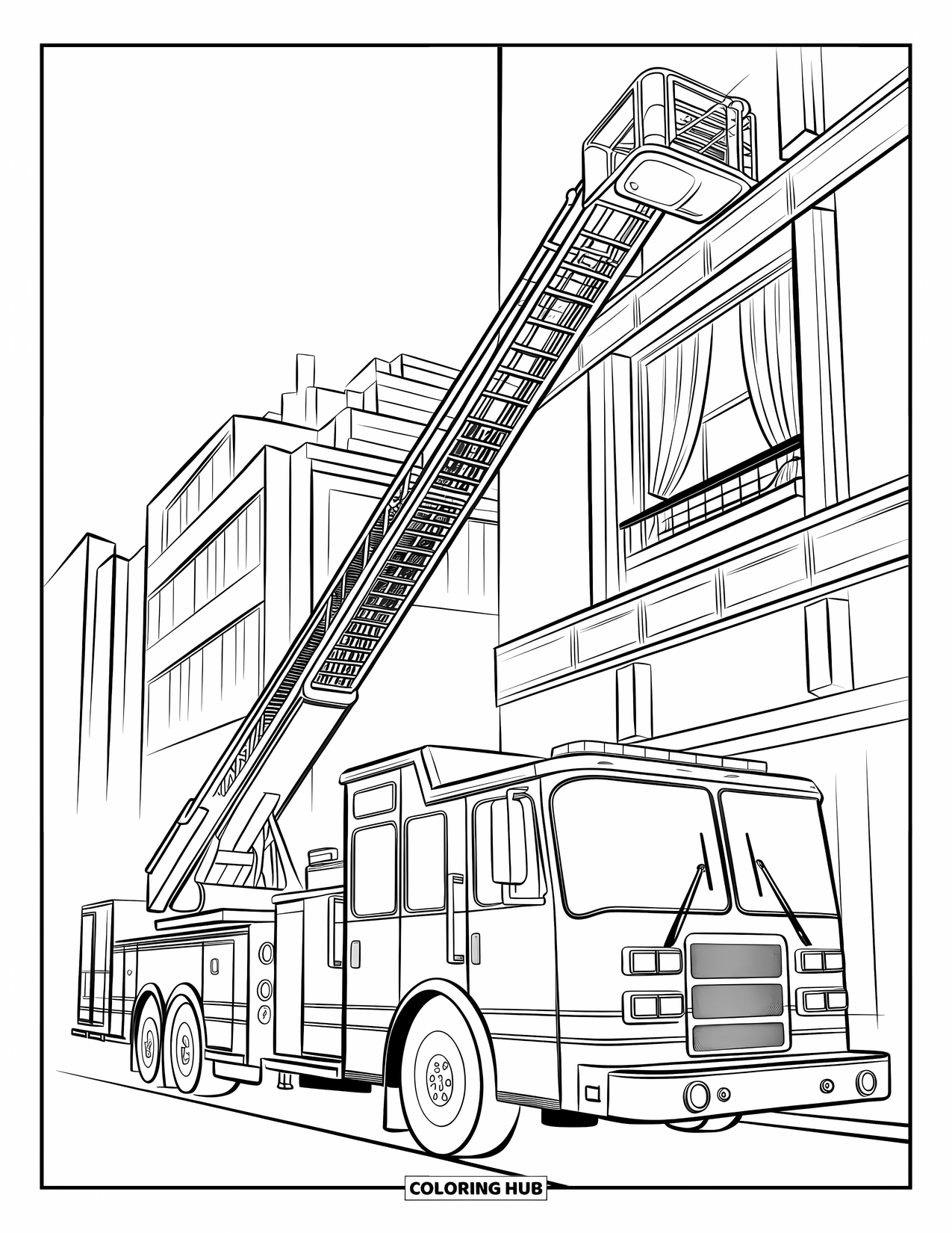 Fire Truck Coloring Page for Kids: A modern fire truck with an extended ladder reaching a second-story window