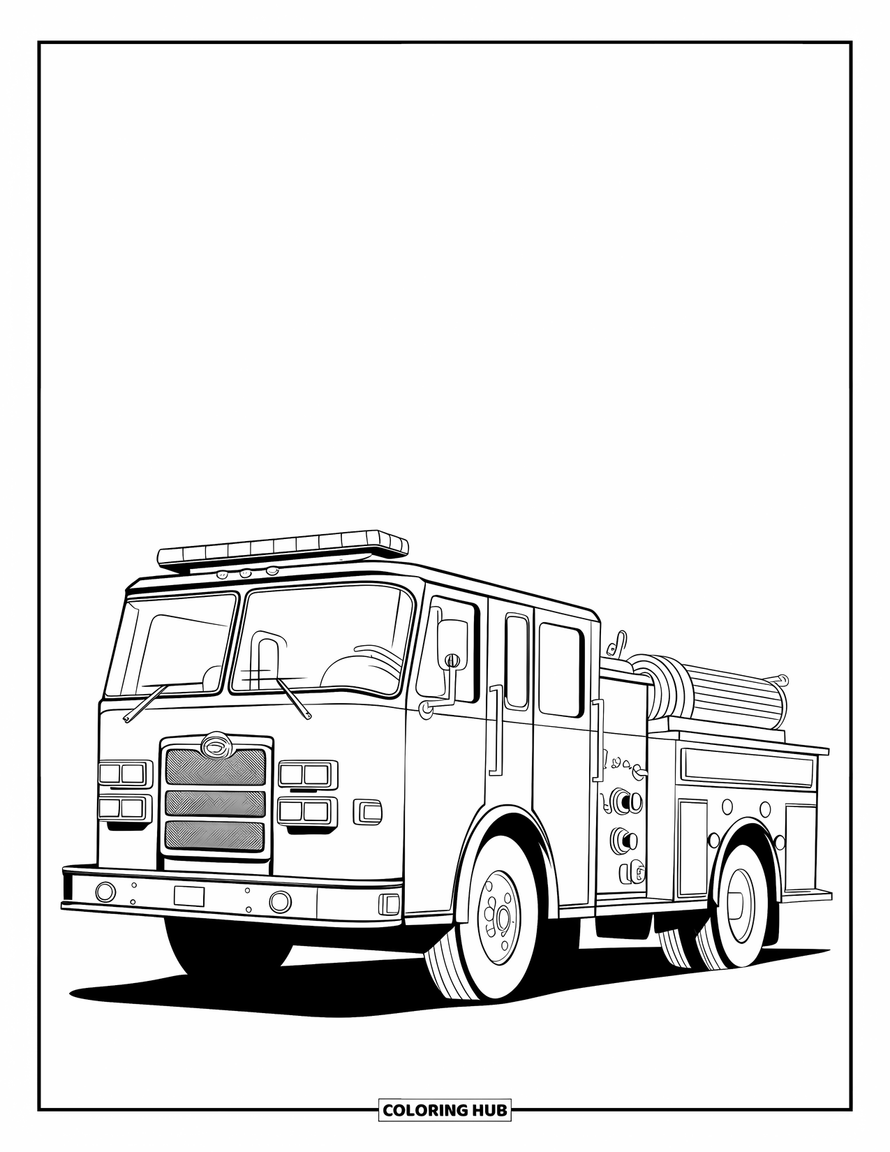 Fire Truck Coloring Page for Kids: A side view of a classic fire truck with a coiled hose and siren, parked on a street