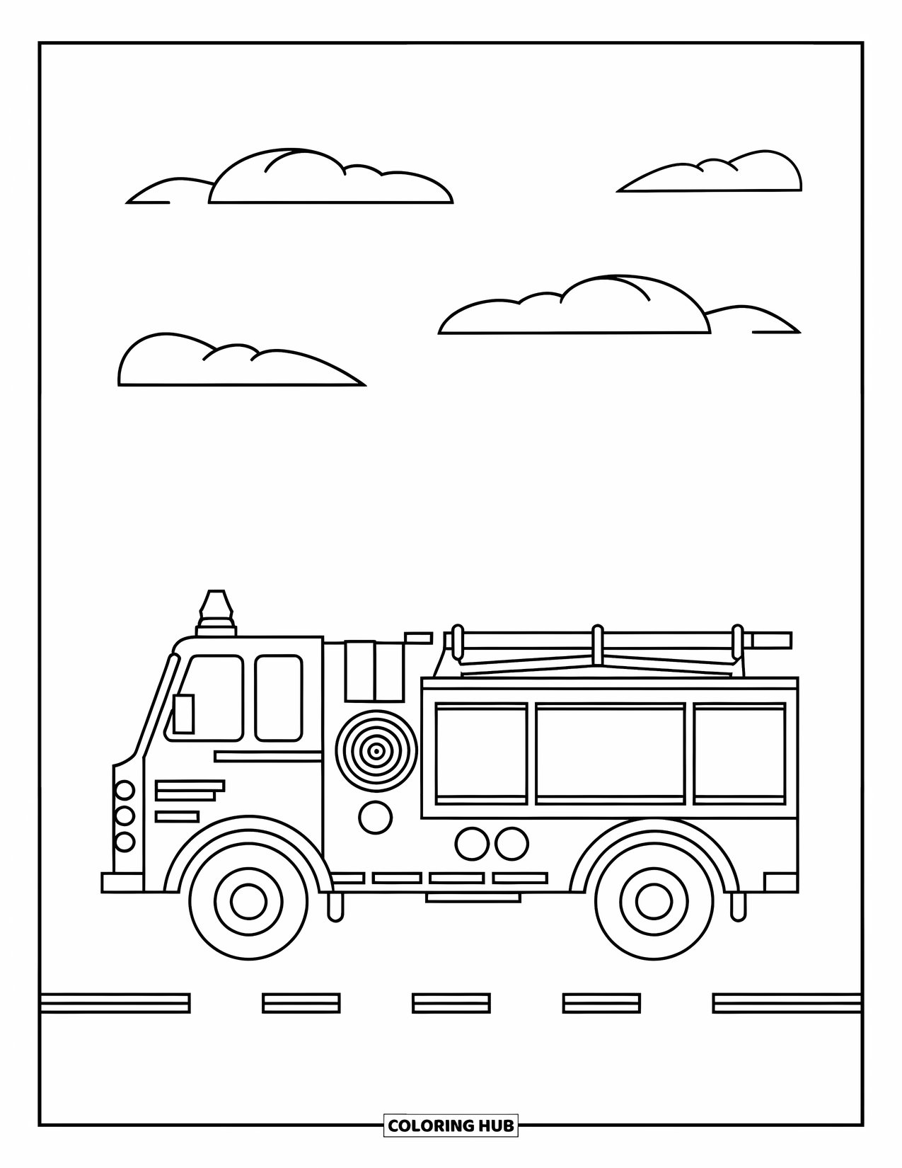 Fire Truck Coloring Page for Kids: A side view of a classic fire truck with a coiled hose, siren, and yellow line, under clouds