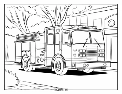 Coloriage de camion de pompiers pour enfants : Un camion de pompiers simple avec des compartiments délimités, garé dans une rue avec une tour d’horloge