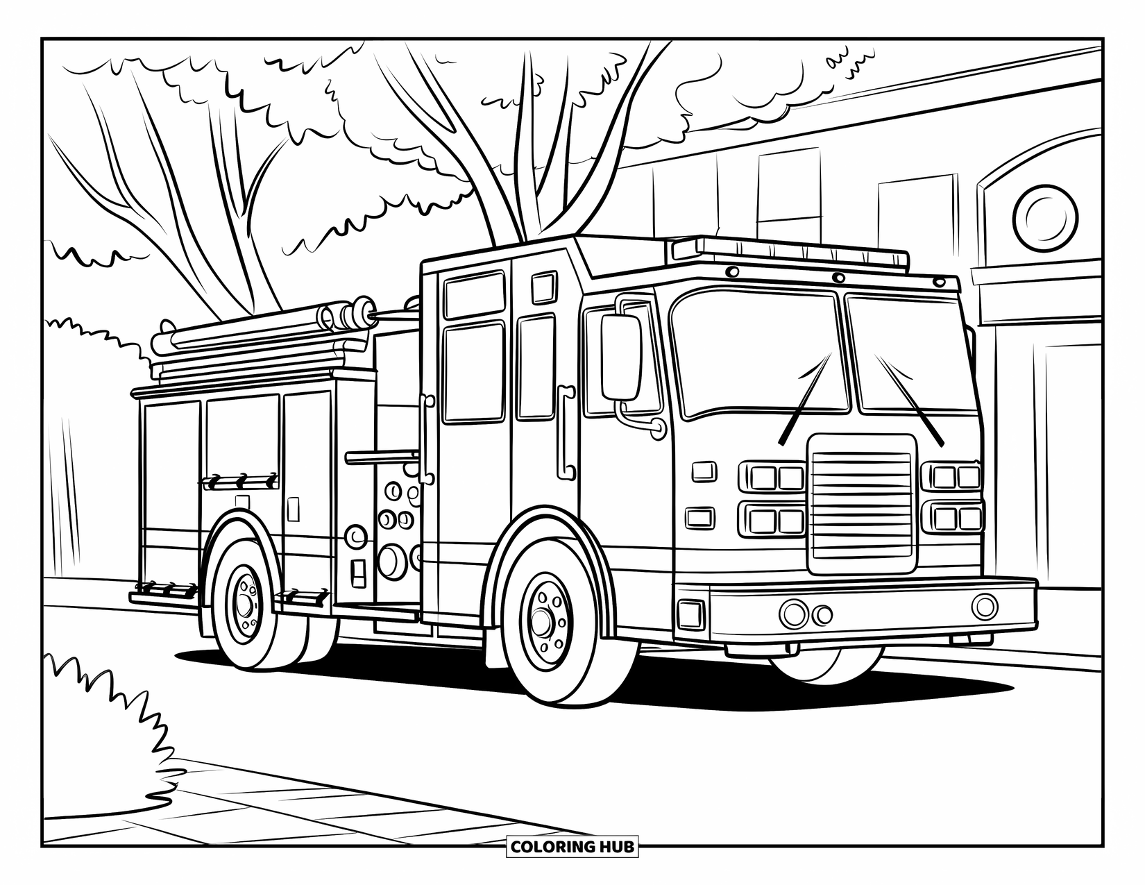 Fire Truck Coloring Page for Kids: A simple fire truck with compartments outlined, parked on a street with a clock tower