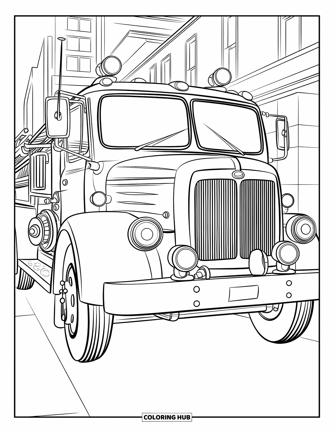 Fire Truck Coloring Page for Kids: A vintage fire truck parked on the street with classic round headlights and a hose reel