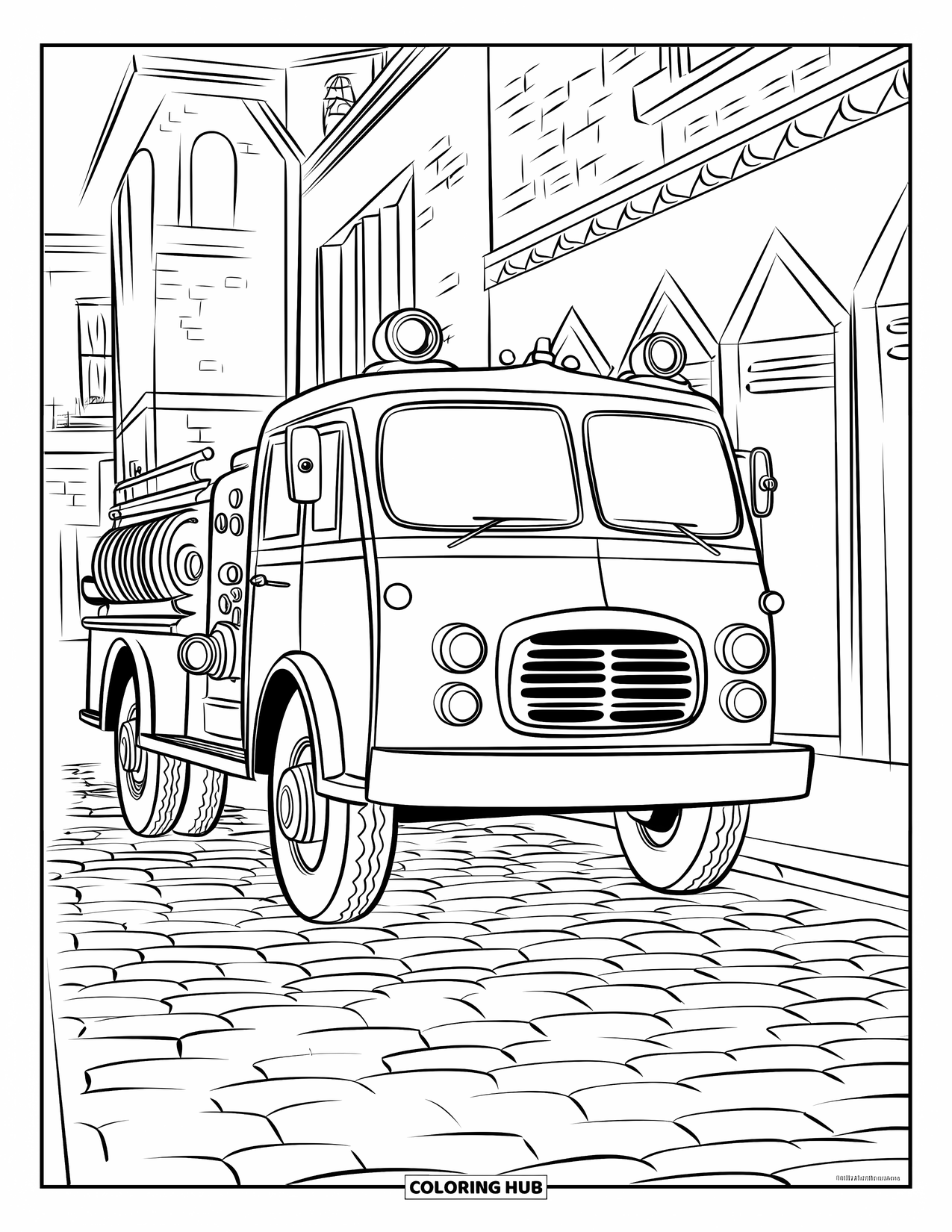 Fire Truck Coloring Page for Kids: A vintage fire truck with round headlights and a hose reel, parked on a cobblestone street