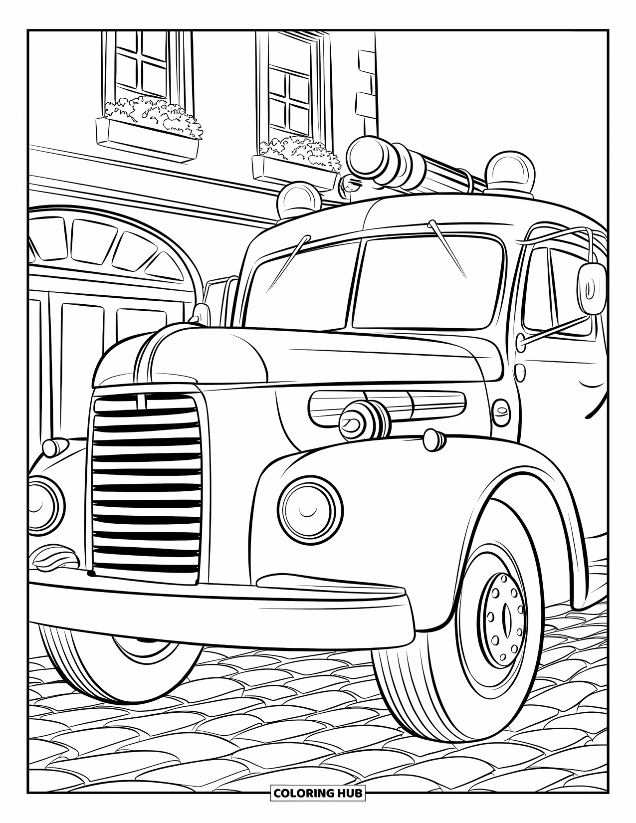 Fire Truck Coloring Page for Kids: A vintage fire truck with round headlights, parked on a cobblestone street with a building