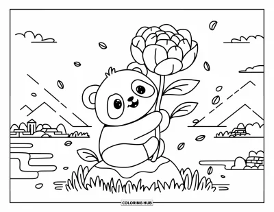 Blomstertegning til voksne: En babypanda nusser en pæon med bjerge og vand i baggrunden