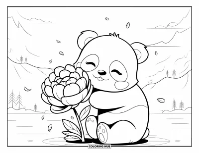 Blomstertegning til voksne: En babypanda krammer en kæmpe pæon, omgivet af faldende kronblade