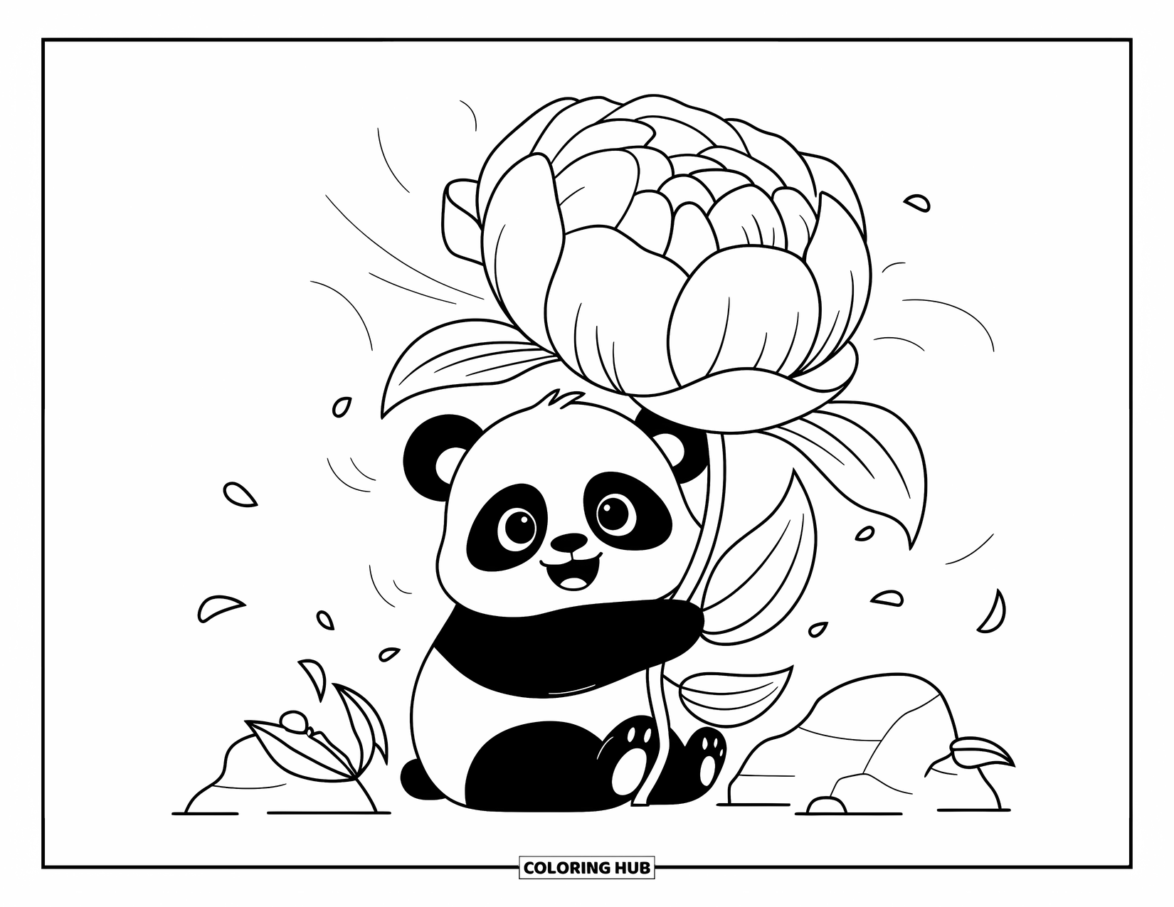 Floral Coloring Page for Adults: A baby panda hugging a peony while sitting on a rock