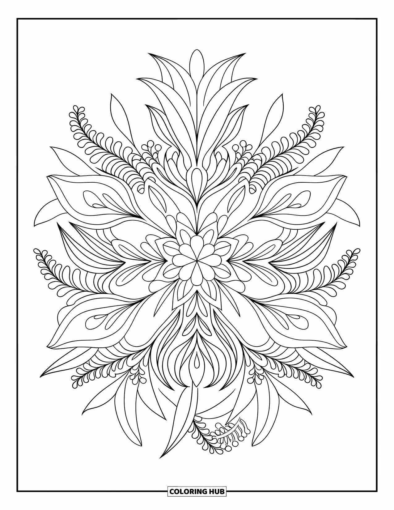 Floral Coloring Page for Adults: A blooming mandala with layers of petals forming an intricate floral design