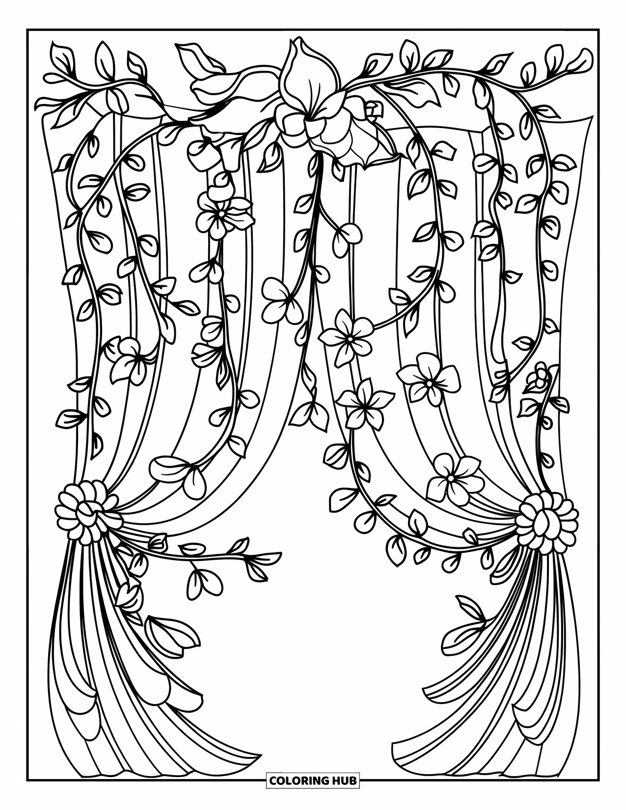 Floral Coloring Page for Adults: A cascading flower curtain of vines and blossoms with bold outlines
