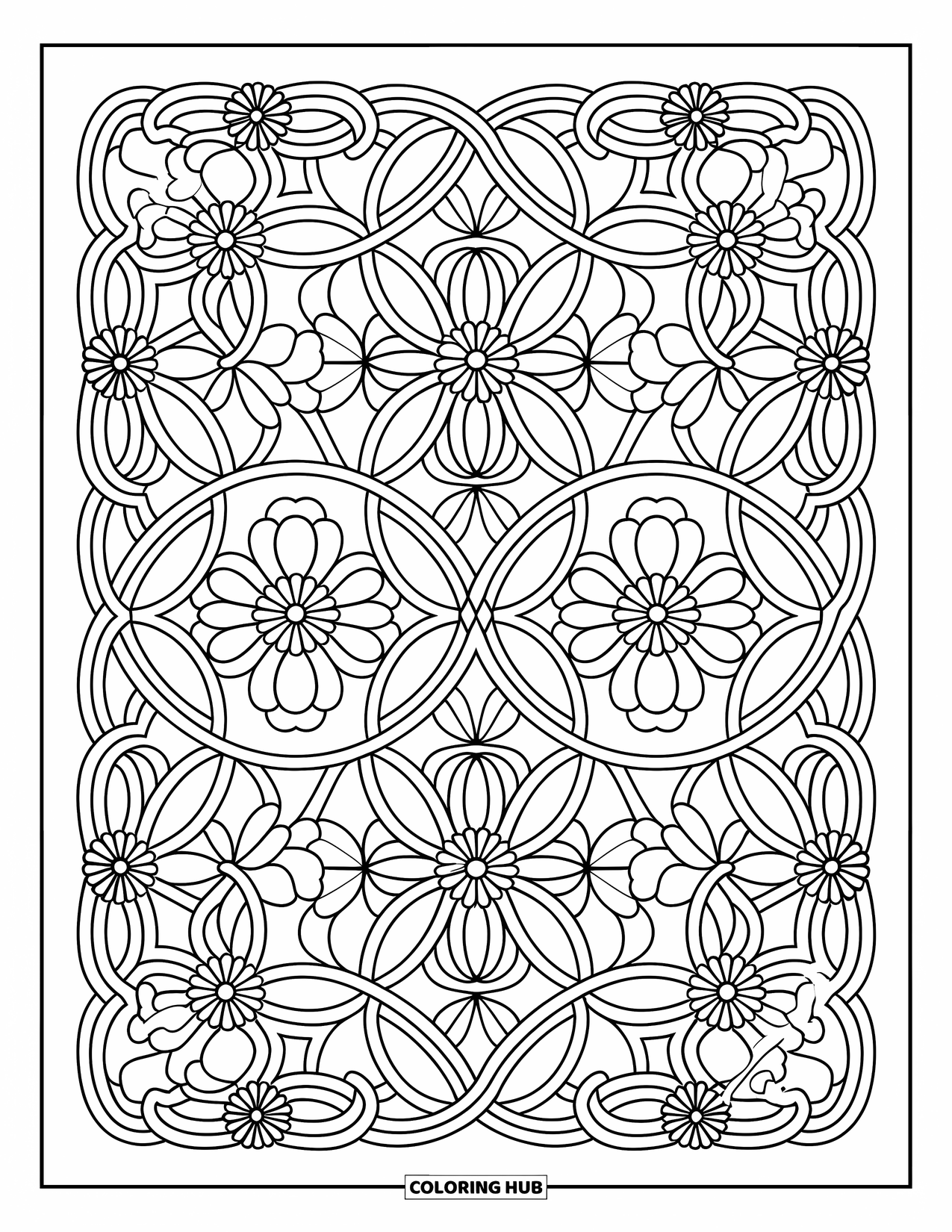 Floral Coloring Page for Adults: A decorative floral lattice with an intricate repeating pattern of flowers and leaves