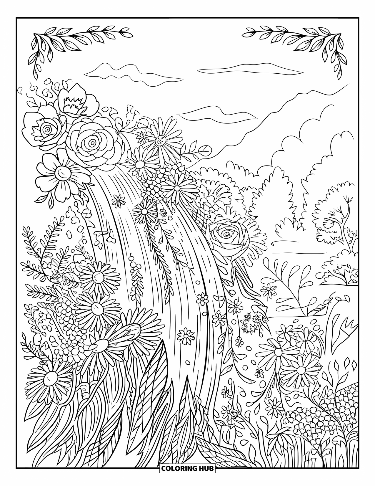 Floral Coloring Page for Adults: A floral cascade of roses, daisies, and wildflowers flowing like a waterfall