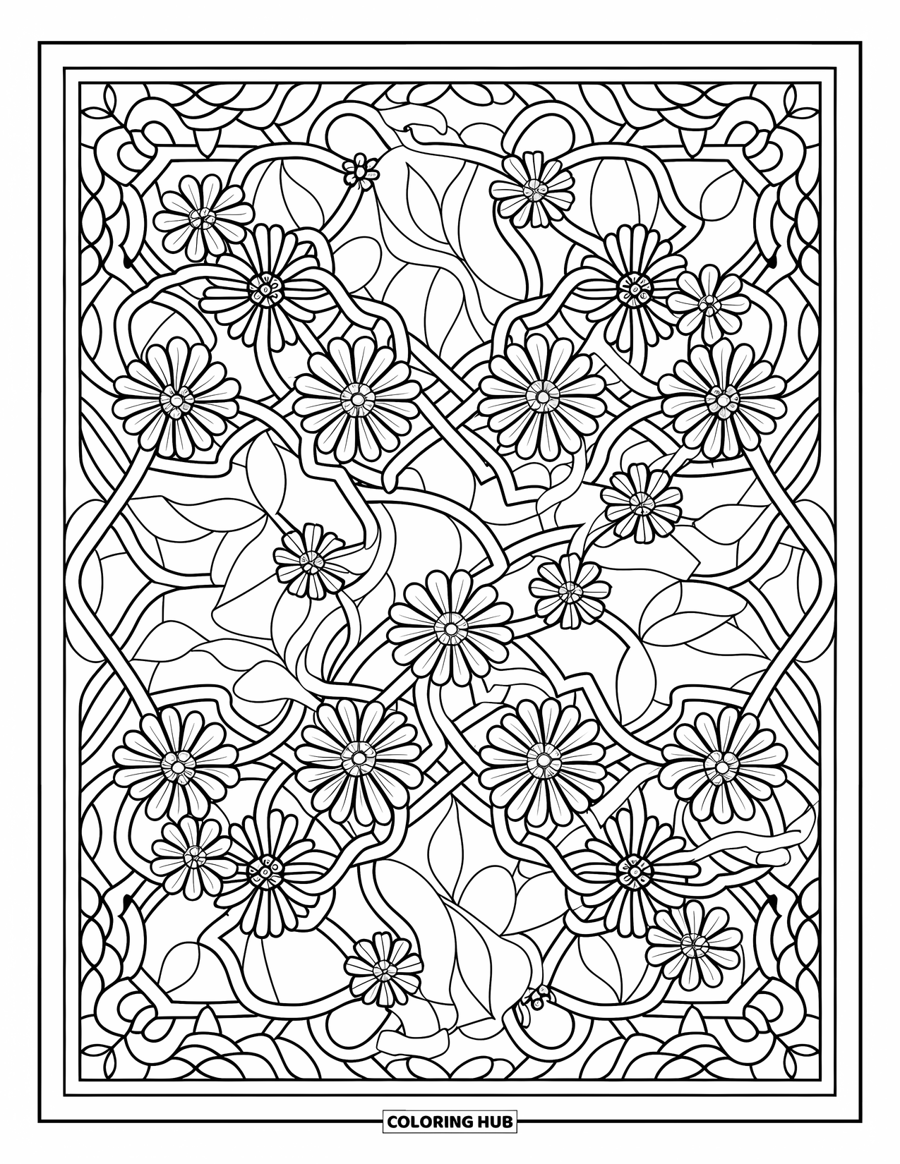 Floral Coloring Page for Adults: A floral lattice design with flowers and leaves woven into a crisscross pattern