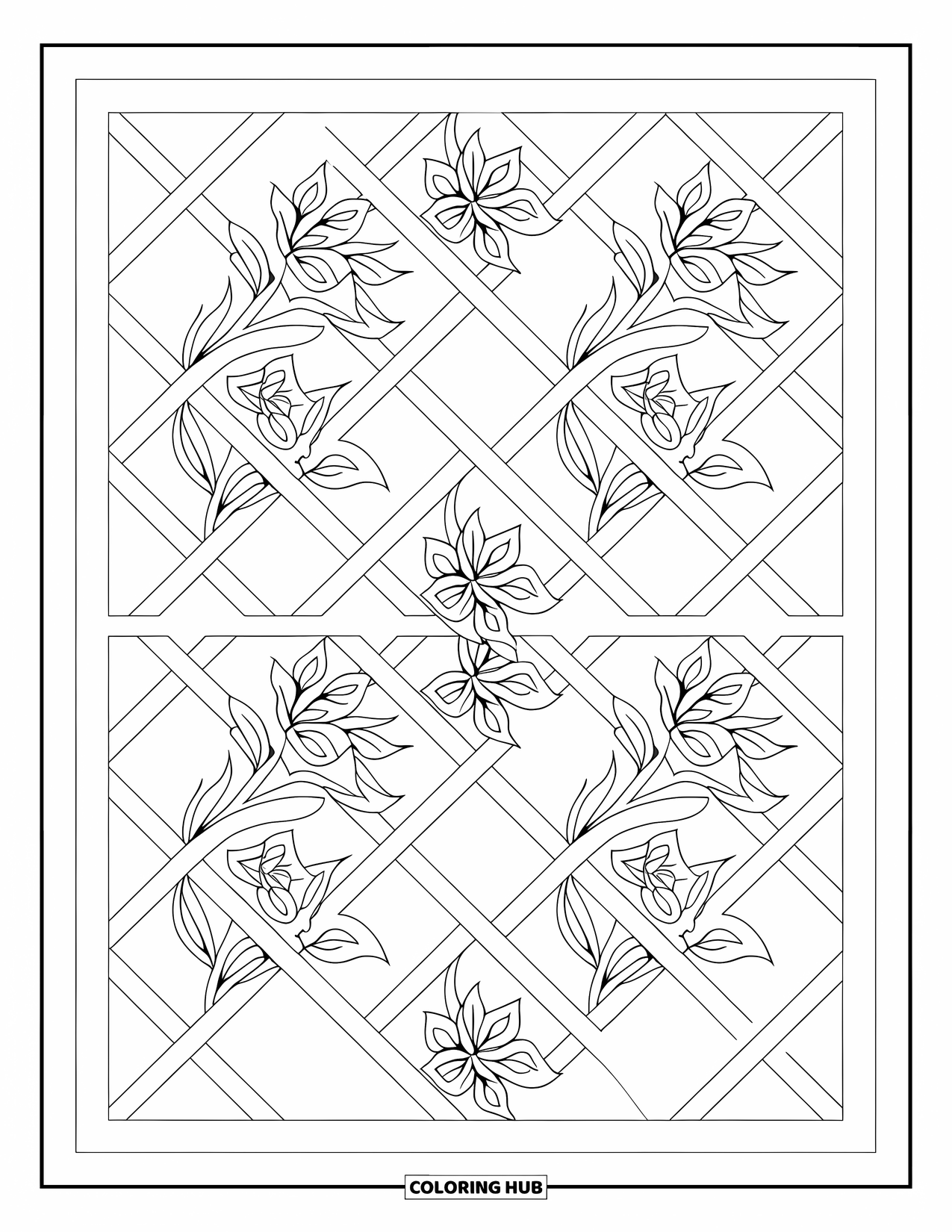Floral Coloring Page for Adults: A floral lattice pattern with diamonds, flowers, and delicate swirling vines
