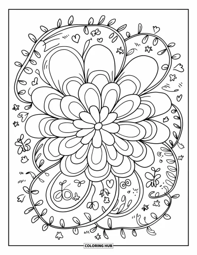 Blomstertegning til voksne: En blomstermandala med sommerfugle, hjerter, stjerner og fine ranker