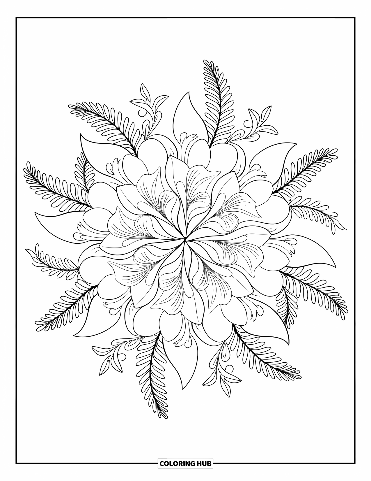 Floral Coloring Page for Adults: A floral mandala featuring lilies, orchids, and delicate ferns in a symmetrical pattern