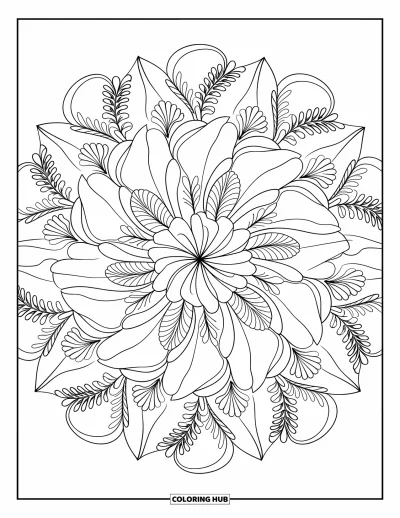Blomstertegning til voksne: En blomstermandala med lagdelte kronblade, designet til afslapning og kreativitet