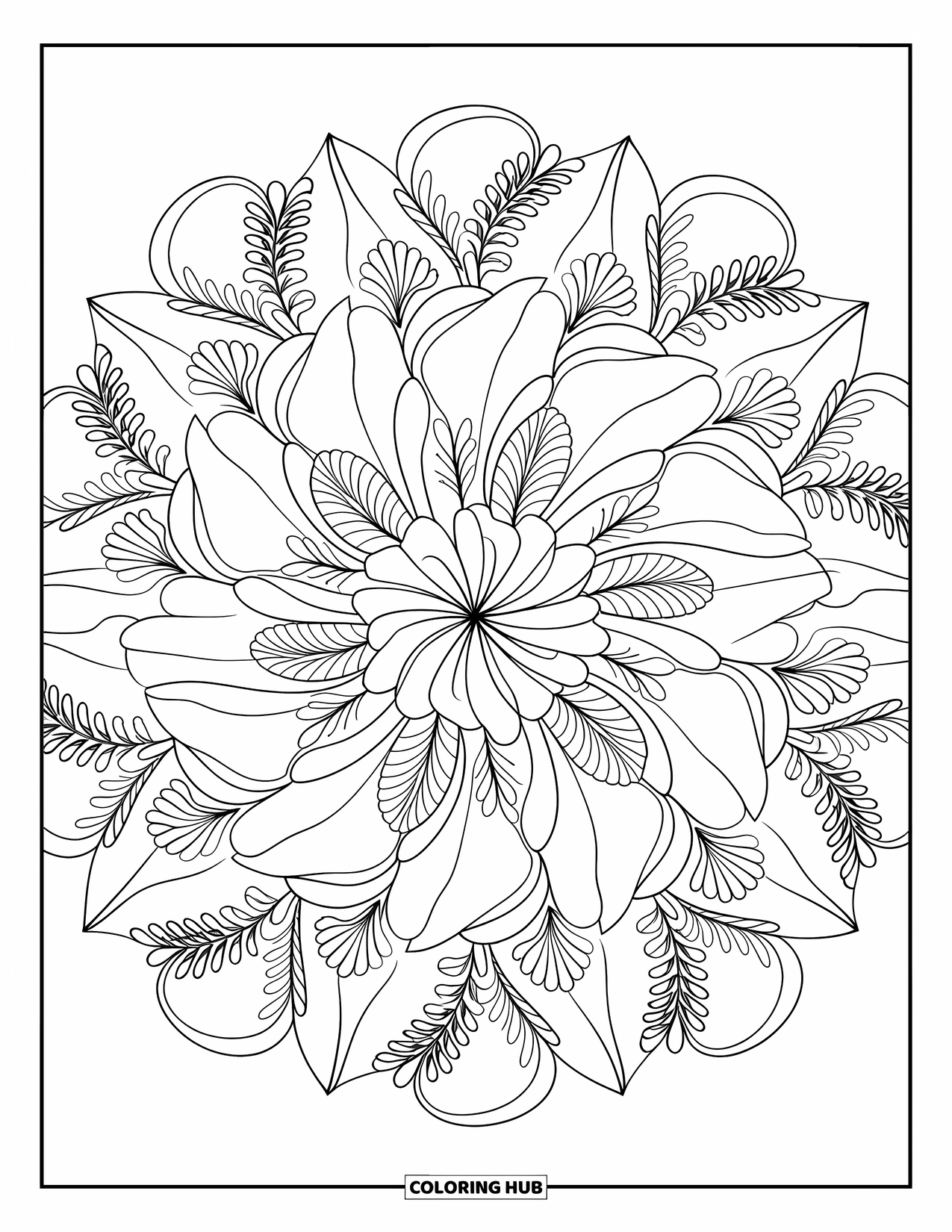 Floral Coloring Page for Adults: A floral mandala with layered petals, designed for relaxation and creativity