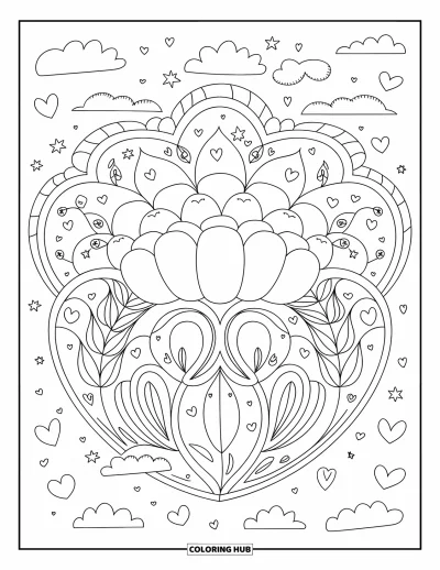 Blomstertegning til voksne: En blomstermandala med afrundede kronblade, snoede ranker og hjerteformede blade