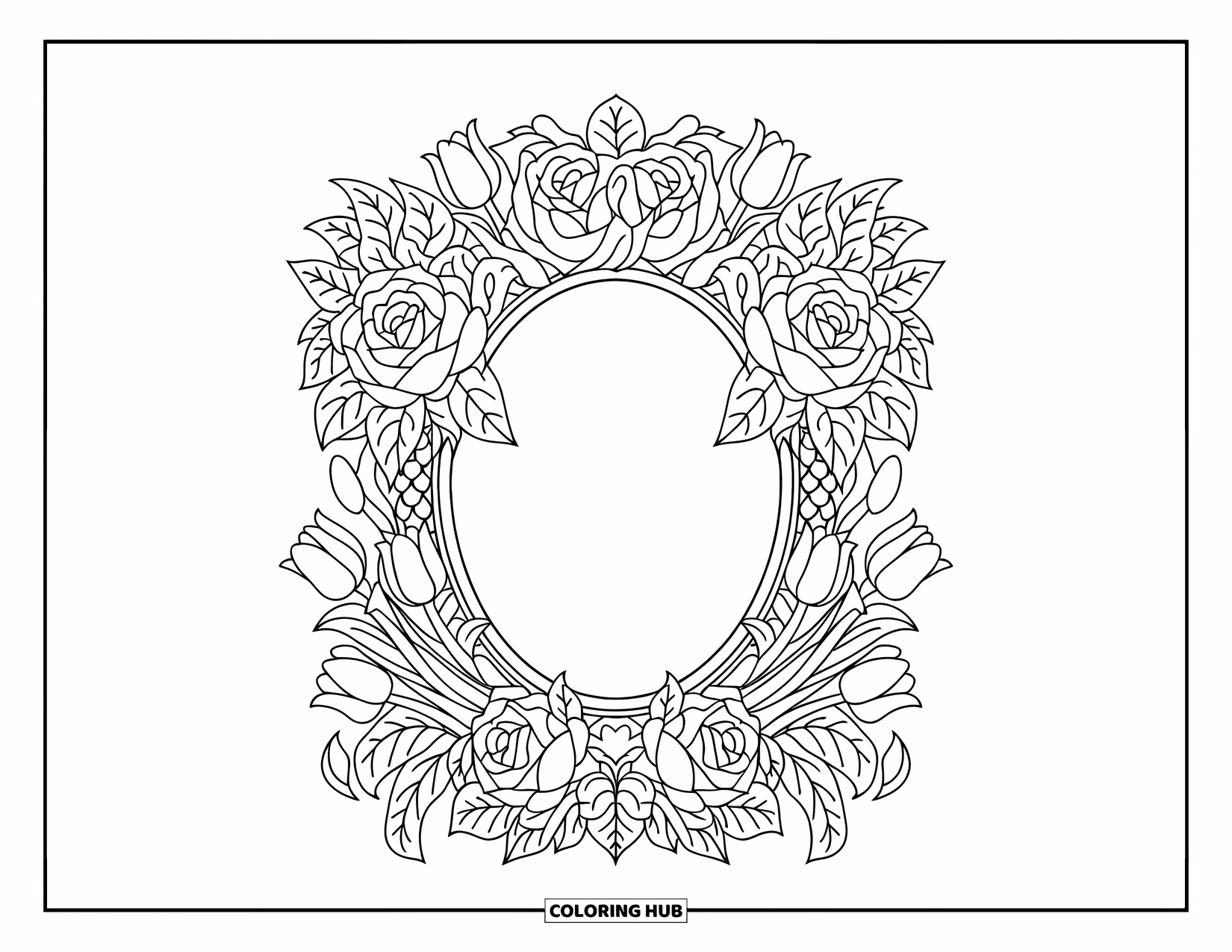 Floral Coloring Page for Adults: A floral mirror frame with roses and tulips, set against a white background