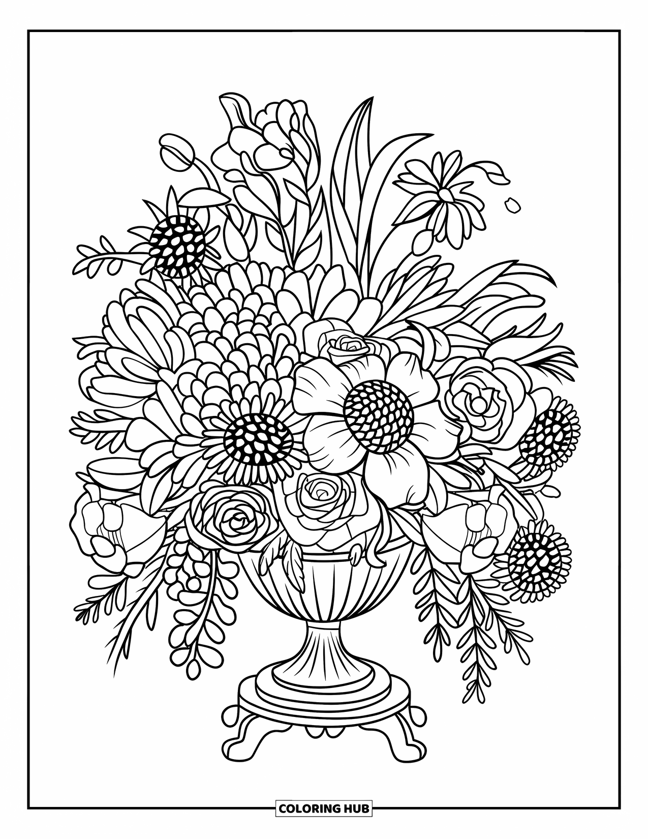 Floral Coloring Page for Adults: A floral vase with flowers spilling over the edges, set on a patterned mat