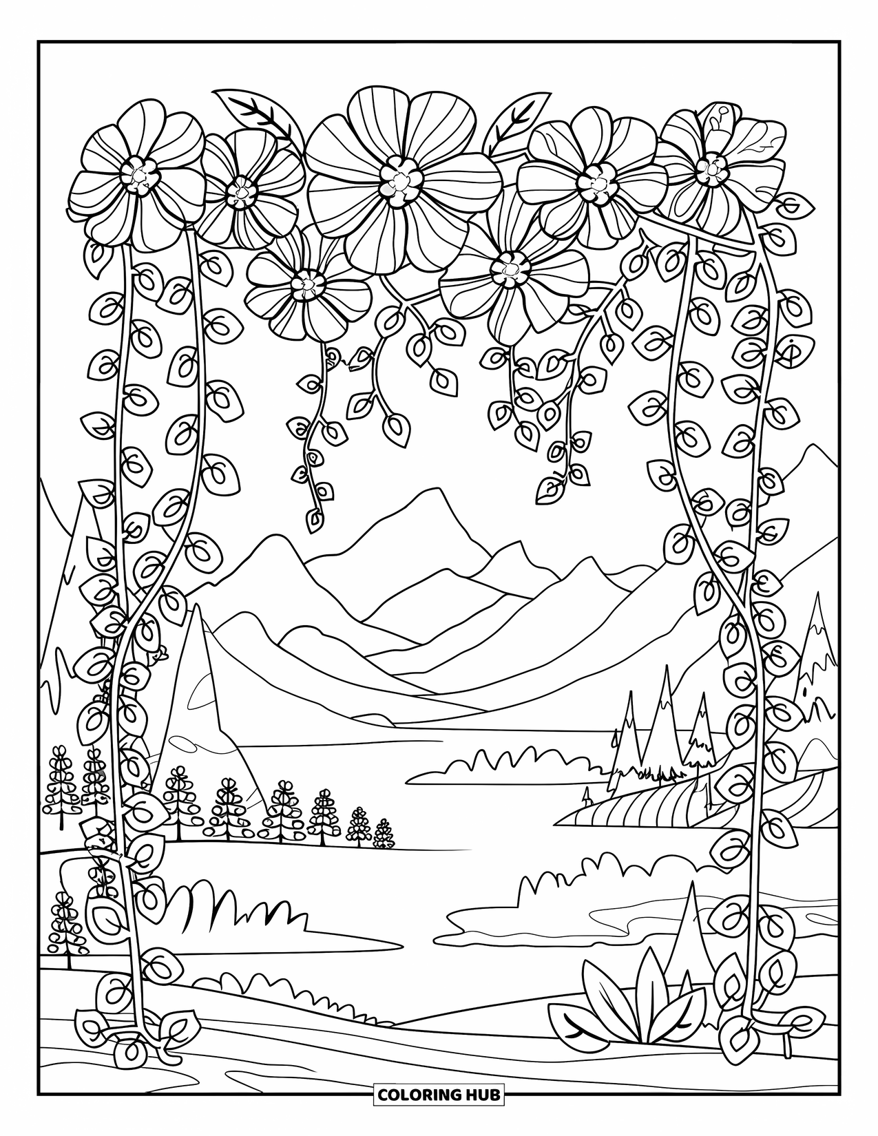 Floral Coloring Page for Adults: A flower curtain made of vines and blossoms, with mountains and trees in the background