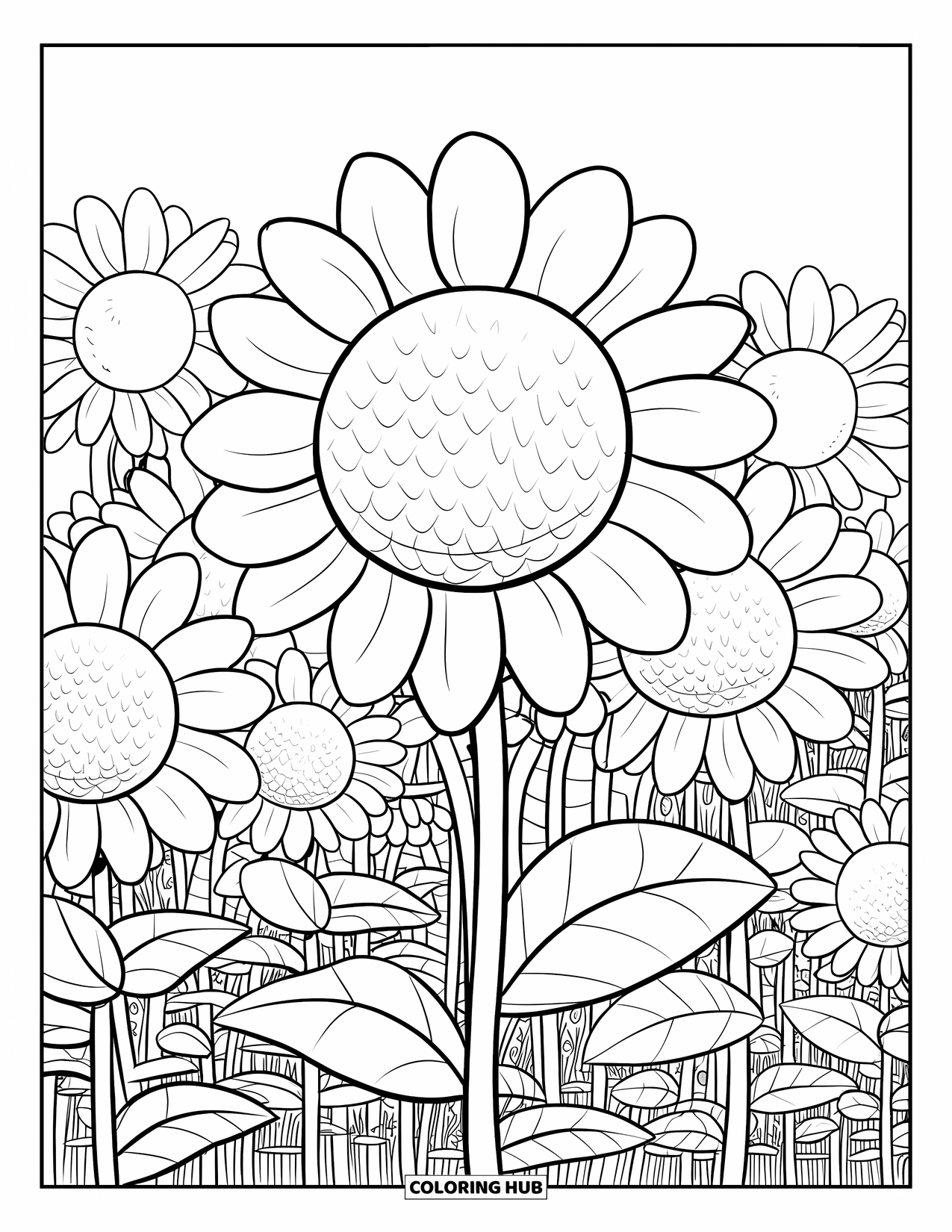 Floral Coloring Page for Adults: A giant sunflower field with oversized petals and curling stems