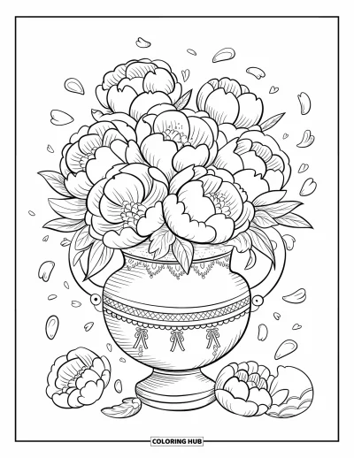 Blomstertegning til voksne: En vase med blondemønster fyldt med pæoner og faldende kronblade