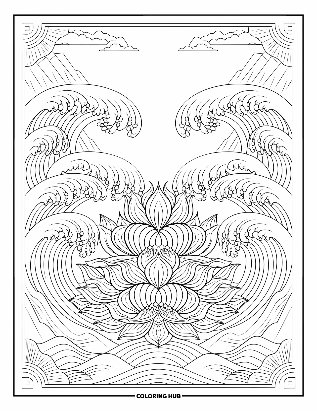 Floral Coloring Page for Adults: A lotus flower arrangement with detailed petals and textured waves