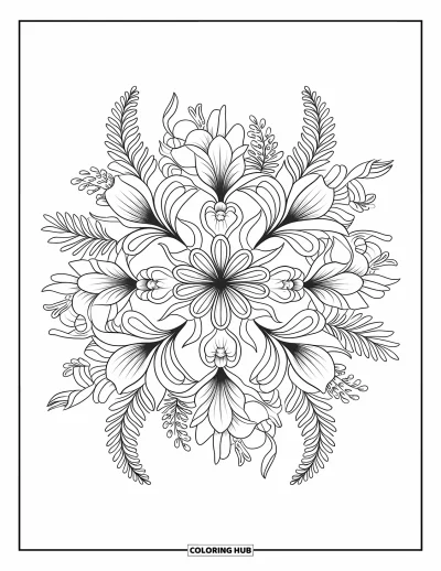 Blomstertegning til voksne: En mandala med liljer, orkidéer og snoede bregnemønstre i et afbalanceret layout