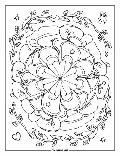 Blomstertegning til voksne: En mandala med kronblade, ranker og miniatureelementer som kaniner og stjerner