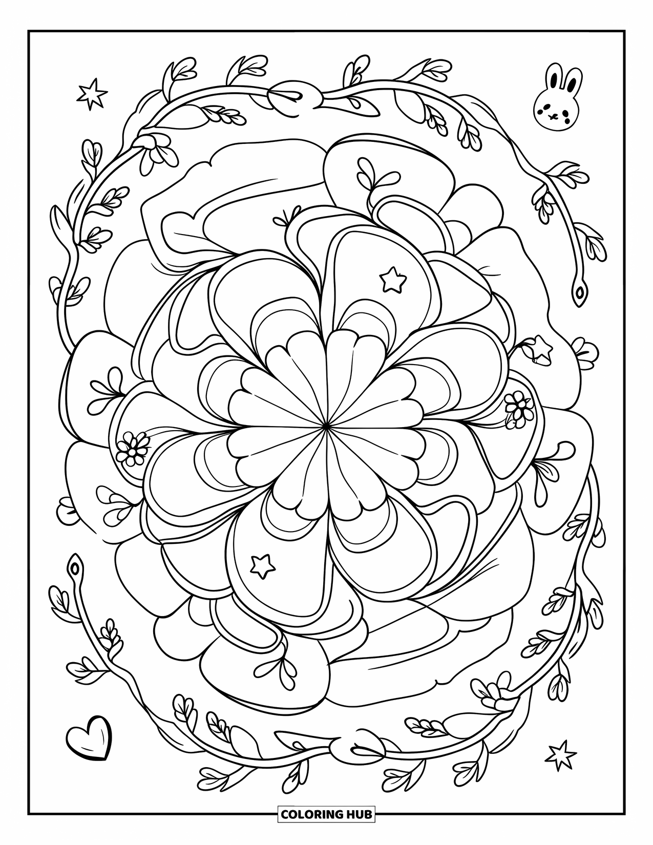 Floral Coloring Page for Adults: A mandala with petals, vines, and miniature elements like bunnies and stars