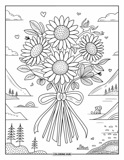Blomstertegning til voksne: En solsikkebuket med små legende detaljer, herunder en kat og et hjerte