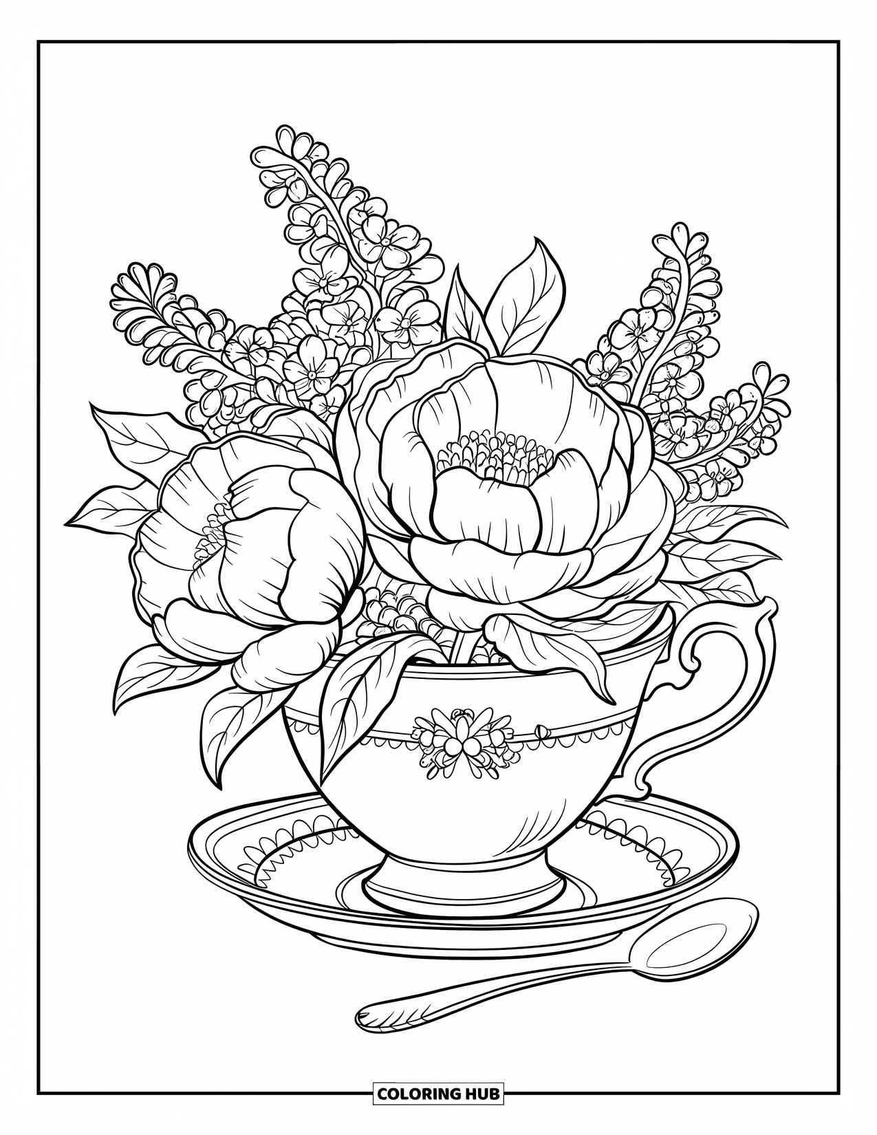 Floral Coloring Page for Adults: A teacup brimming with peonies and lilacs, with curling vines