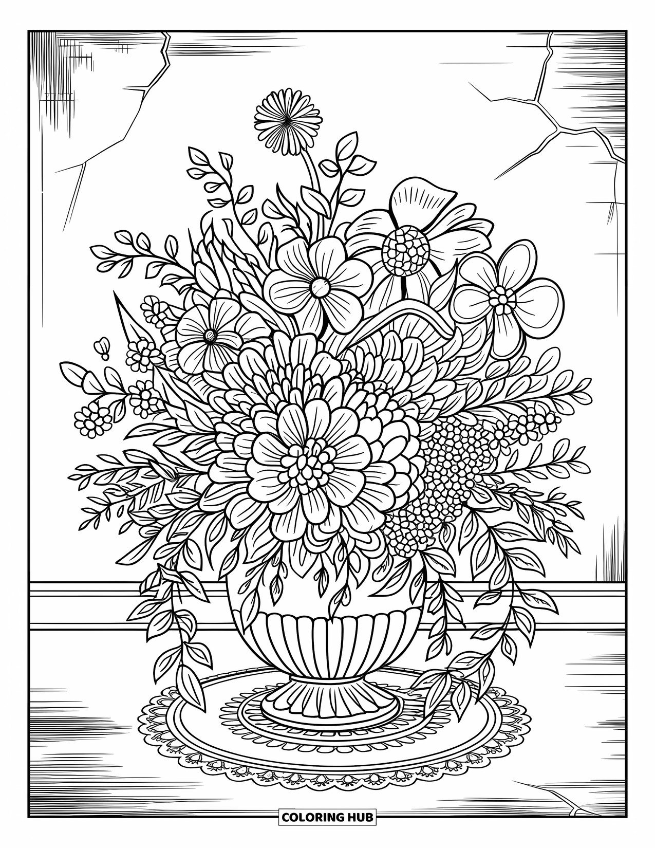 Floral Coloring Page for Adults: A vintage floral vase with intricate flowers, placed against a textured background