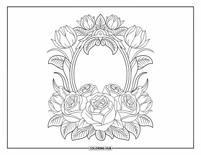 Blomstertegning til voksne: En vintage spejlramme af roser og tulipaner mod en hvid væg
