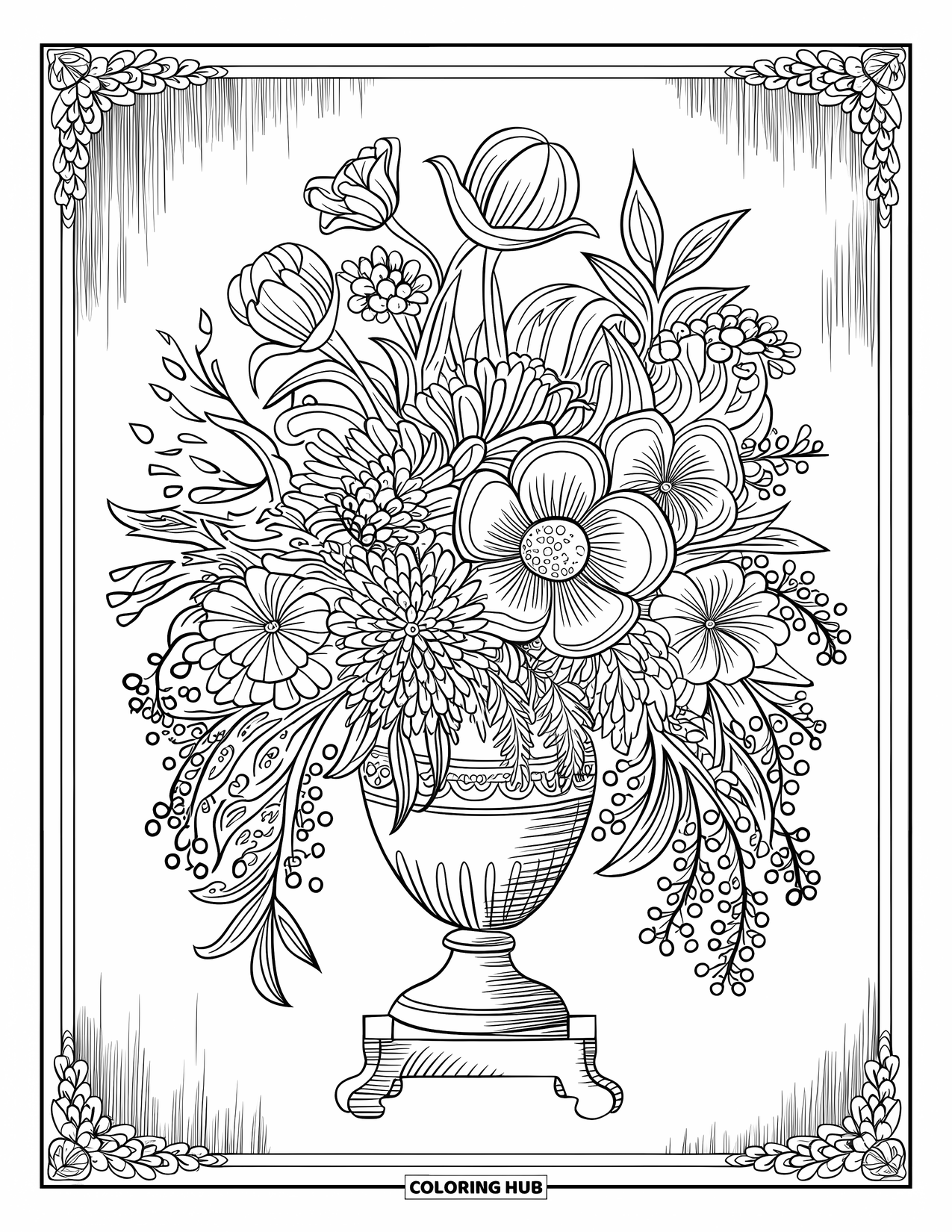 Floral Coloring Page for Adults: A vintage vase overflowing with flowers, placed on a wooden stand