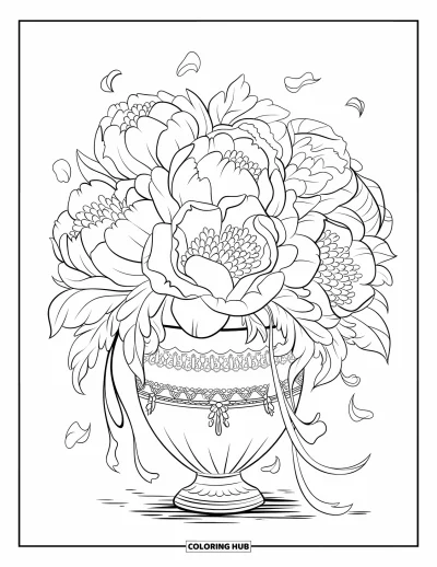 Blomstertegning til voksne: En udsmykket vase med pæoner og fine bånd, omgivet af faldende kronblade