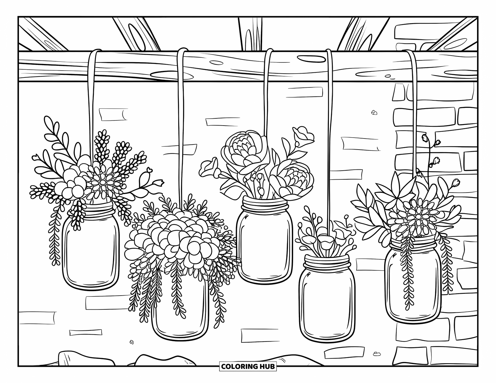 Floral Coloring Page for Adults: Hanging mason jars with flowers, set against a rustic brick wall